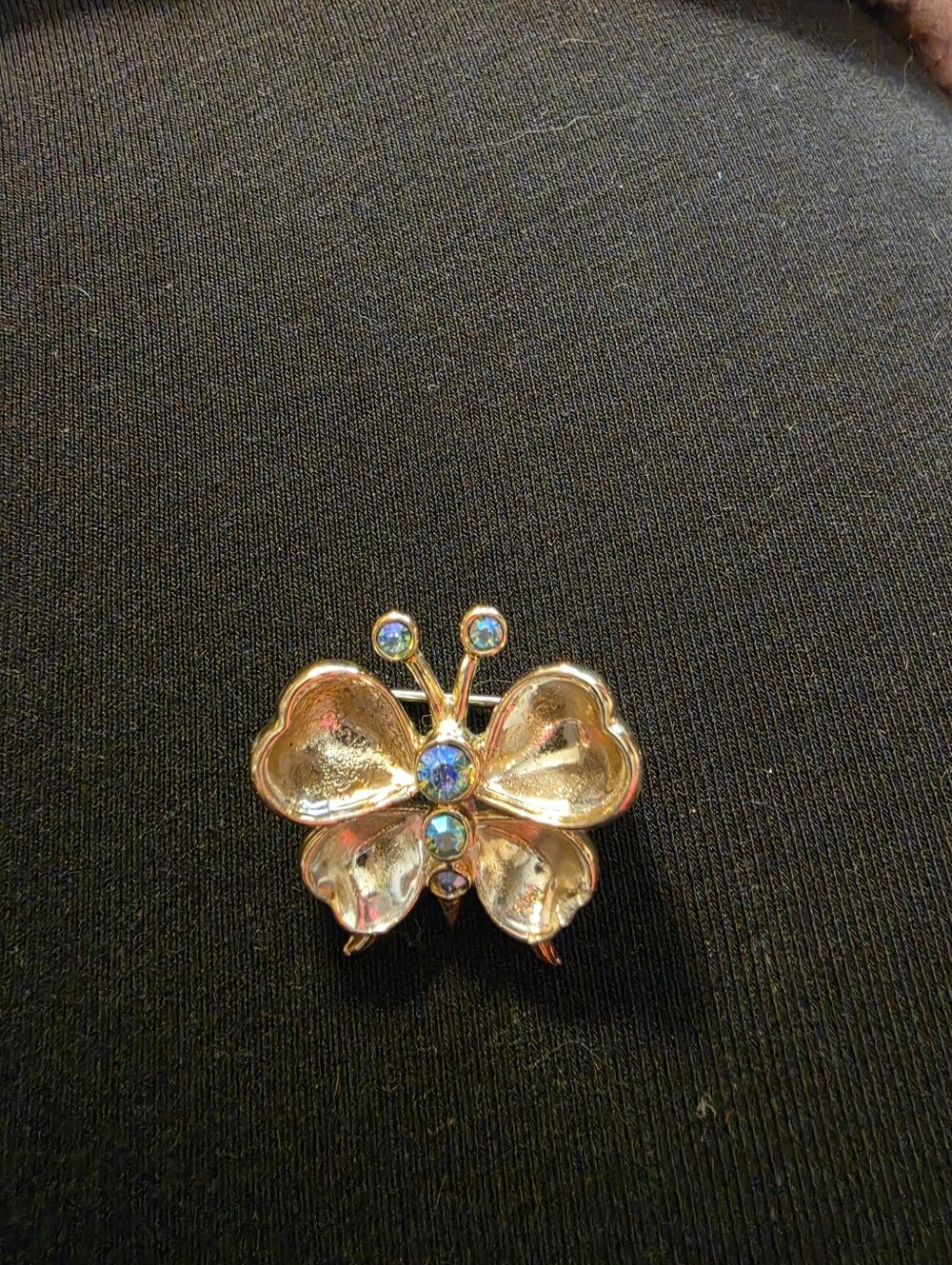 Gold Butterfly Brooch with Blue Crystal Accents - Women Jewelry